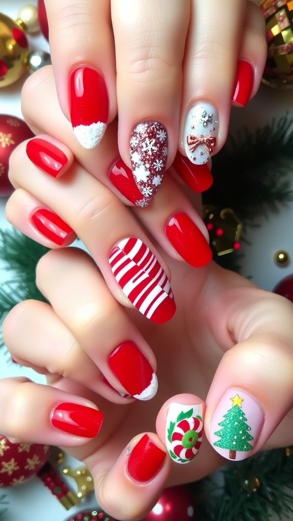 Festive Red Christmas Nail Inspiration for 2025 A variety of red Christmas nail designs including glitter, snowflakes, and candy cane stripes on a festive background.